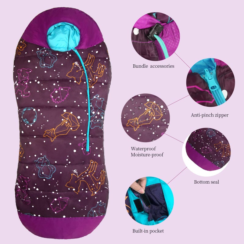 AceCamp Glow in The Dark Mummy Sleeping Bag for Kids and Youth, Temperature Rating 30Â°F/-1Â°C, Water-Resistant for Camping, Hiking, and Slumber Partyâ€¦ (Purple, Youth) - Image 2